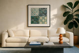 Tile Element 4 Up by Danhui Nai. Displayed in a glass frame with matte in a clean modern living room. Available as an archival giclee rolled canvas, fine art paper, or poster print. SKU 30801a.