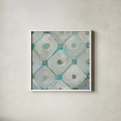 Tile Element I by Danhui Nai. Shown in a crisp white glass frame for a clean and minimalist style. Available as an archival giclee rolled canvas, fine art paper, or poster print. SKU 30140a.