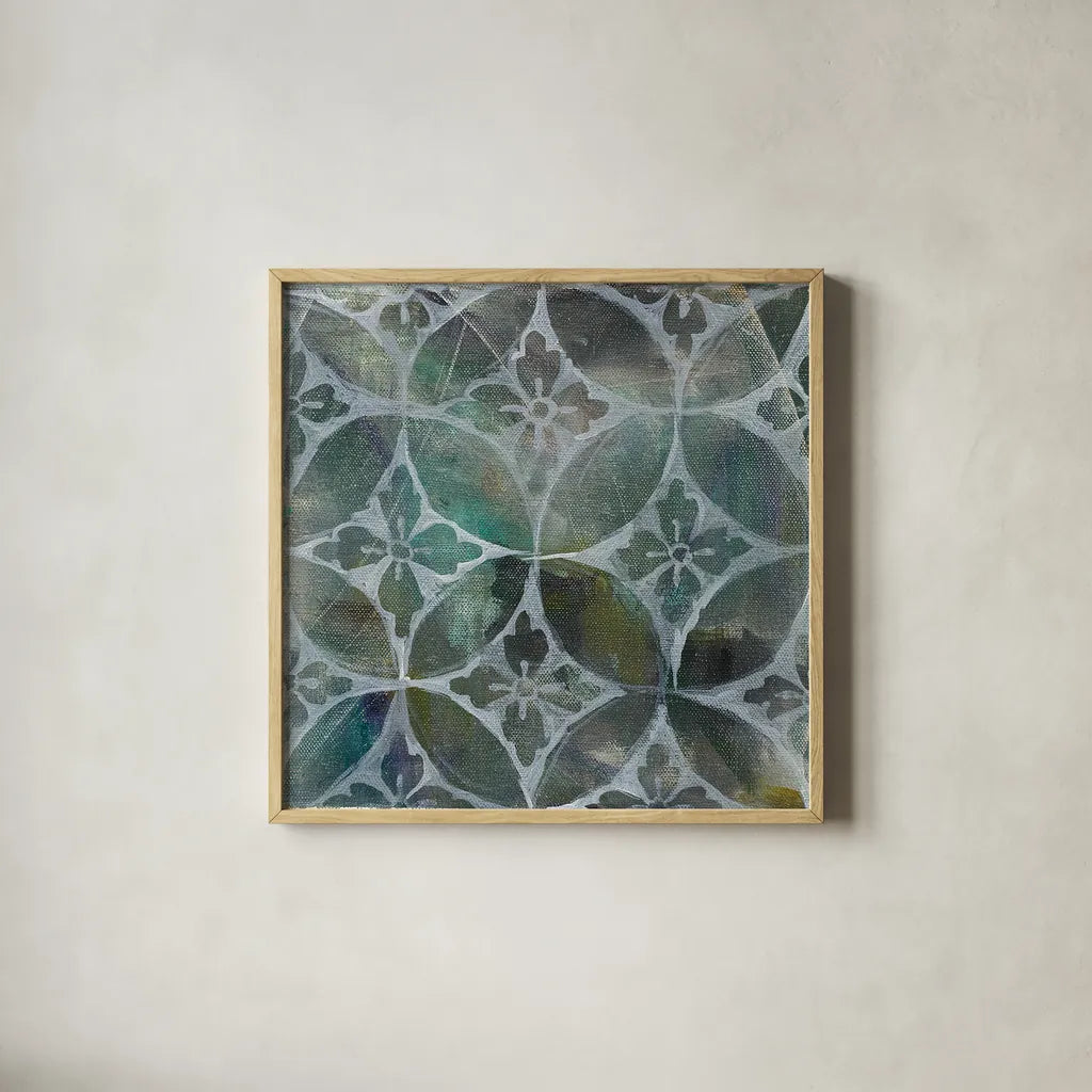 Tile Element II by Danhui Nai. Shown in a natural wood glass frame for a timeless modern aesthetic. Available as an archival giclee rolled canvas, fine art paper, or poster print. SKU 30141a.