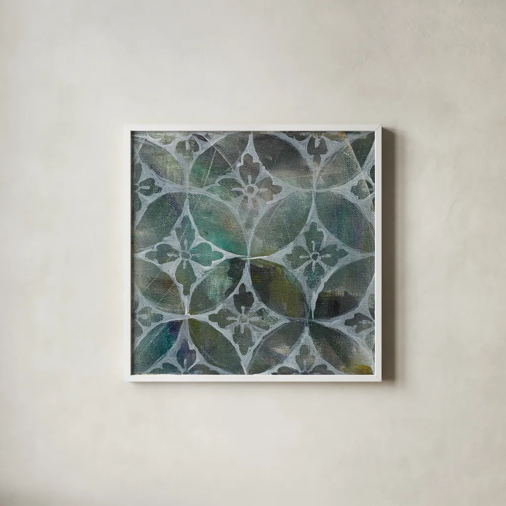 Tile Element II by Danhui Nai. Shown in a crisp white glass frame for a clean and minimalist style. Available as an archival giclee rolled canvas, fine art paper, or poster print. SKU 30141a.