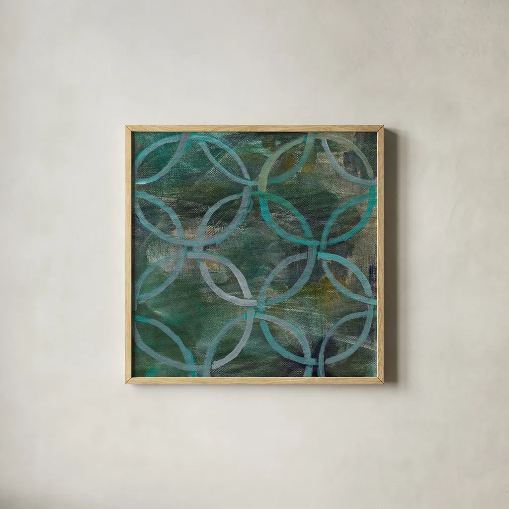 Tile Element III by Danhui Nai. Shown in a natural wood glass frame for a timeless modern aesthetic. Available as an archival giclee rolled canvas, fine art paper, or poster print. SKU 30142a.