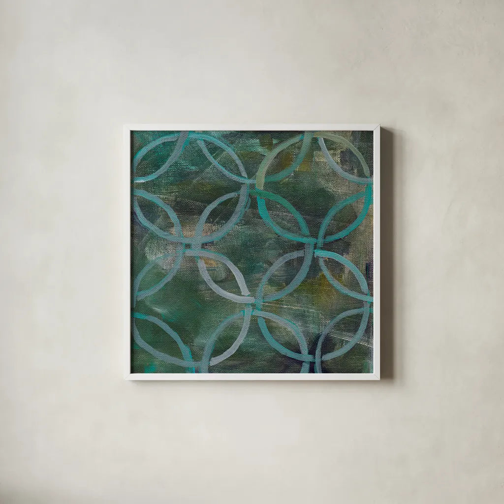Tile Element III by Danhui Nai. Shown in a crisp white glass frame for a clean and minimalist style. Available as an archival giclee rolled canvas, fine art paper, or poster print. SKU 30142a.