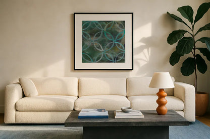 Tile Element III by Danhui Nai. Displayed in a glass frame with matte in a clean modern living room. Available as an archival giclee rolled canvas, fine art paper, or poster print. SKU 30142a.