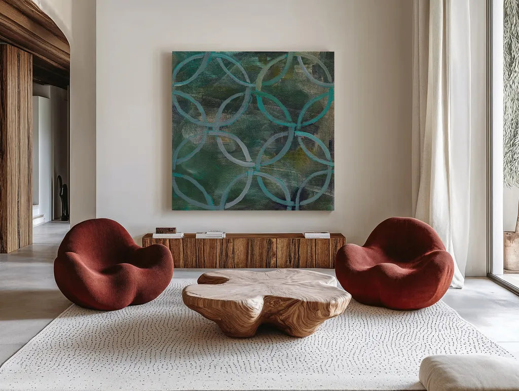 Tile Element III by Danhui Nai. Shown as extra-large giant wall art in a modern living room. Available as an archival giclee rolled canvas, fine art paper, or poster print. SKU 30142a.