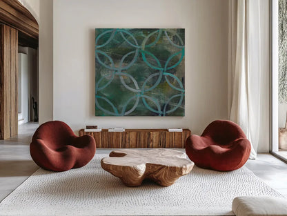 Tile Element III by Danhui Nai. Shown as extra-large giant wall art in a modern living room. Available as an archival giclee rolled canvas, fine art paper, or poster print. SKU 30142a.