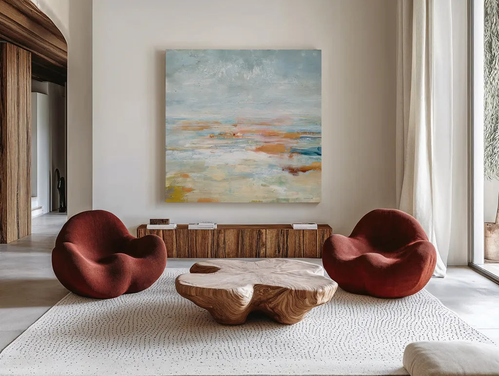 To the Sea by Danhui Nai. Shown as extra-large giant wall art in a modern living room. Available as an archival giclee rolled canvas, fine art paper, or poster print. SKU 80147a.