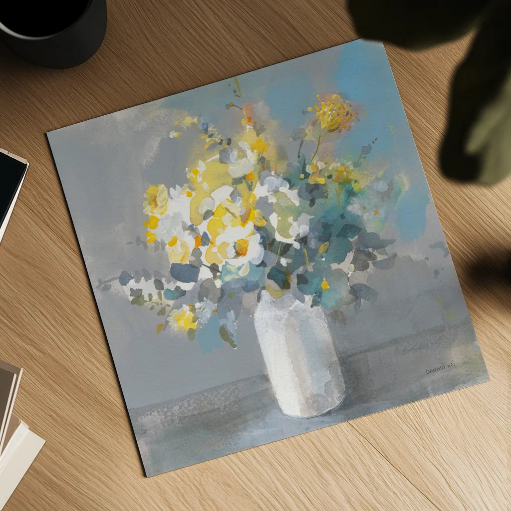 Touch of Spring I White Vase by Danhui Nai. Shown as a detailed flat fine art print, highlighting archival giclee quality. Available as an archival giclee rolled canvas, fine art paper, or poster print. SKU 71451a.