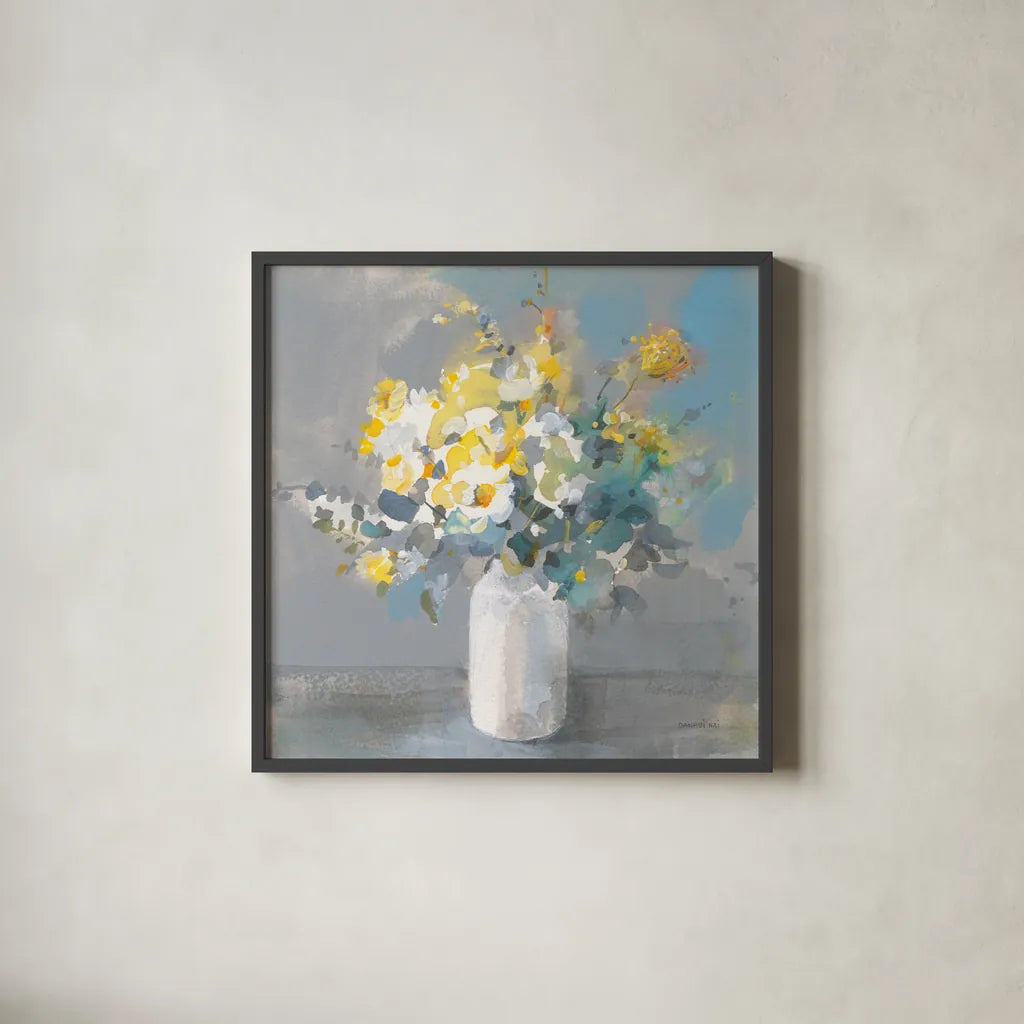 Touch of Spring I White Vase by Danhui Nai. Shown in a sleek black glass frame for a contemporary gallery look. Available as an archival giclee rolled canvas, fine art paper, or poster print. SKU 71451a.