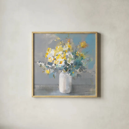 Touch of Spring I White Vase by Danhui Nai. Shown in a natural wood glass frame for a timeless modern aesthetic. Available as an archival giclee rolled canvas, fine art paper, or poster print. SKU 71451a.