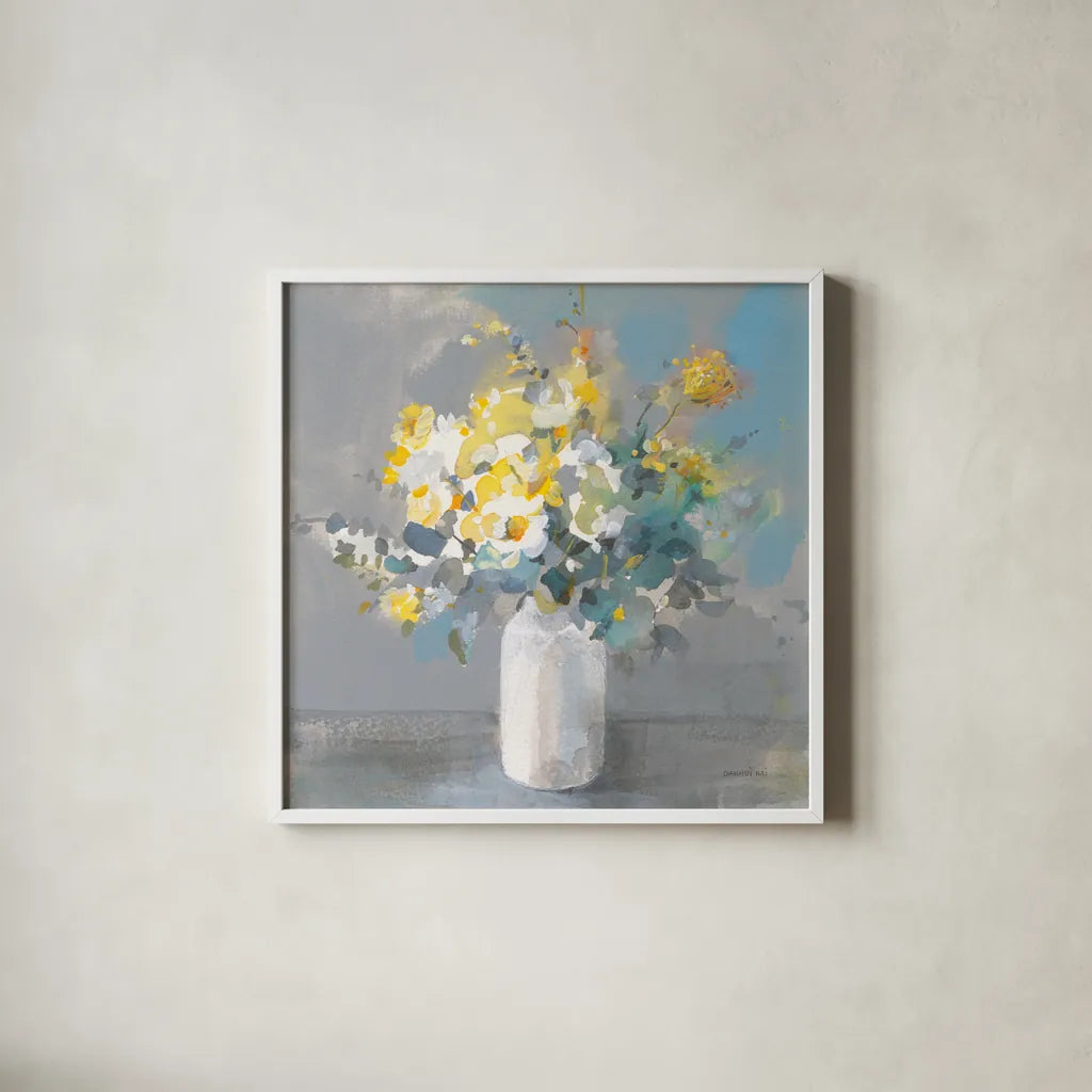 Touch of Spring I White Vase by Danhui Nai. Shown in a crisp white glass frame for a clean and minimalist style. Available as an archival giclee rolled canvas, fine art paper, or poster print. SKU 71451a.
