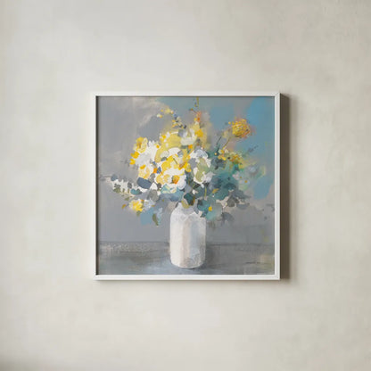 Touch of Spring I White Vase by Danhui Nai. Shown in a crisp white glass frame for a clean and minimalist style. Available as an archival giclee rolled canvas, fine art paper, or poster print. SKU 71451a.