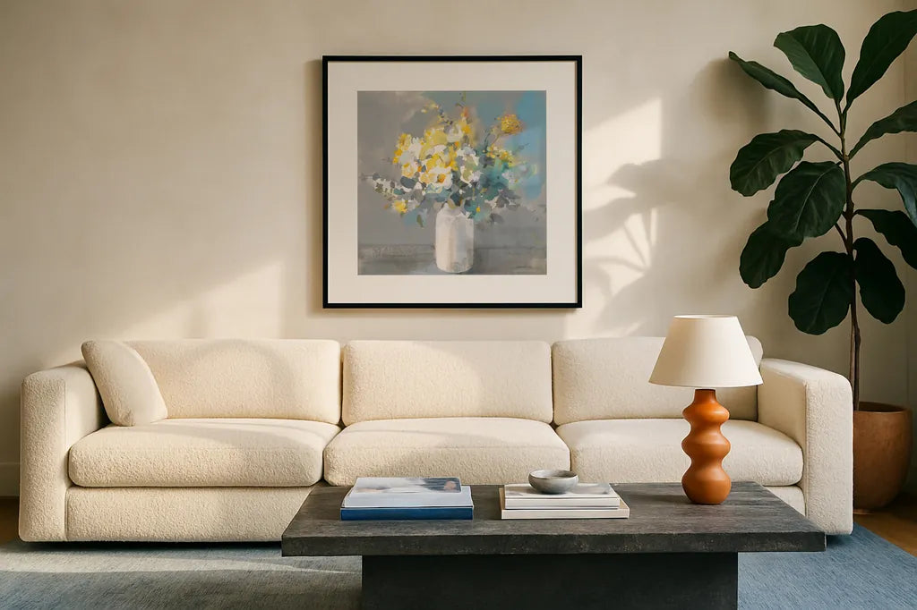 Touch of Spring I White Vase by Danhui Nai. Displayed in a glass frame with matte in a clean modern living room. Available as an archival giclee rolled canvas, fine art paper, or poster print. SKU 71451a.
