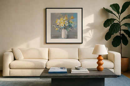 Touch of Spring I White Vase by Danhui Nai. Displayed in a glass frame with matte in a clean modern living room. Available as an archival giclee rolled canvas, fine art paper, or poster print. SKU 71451a.