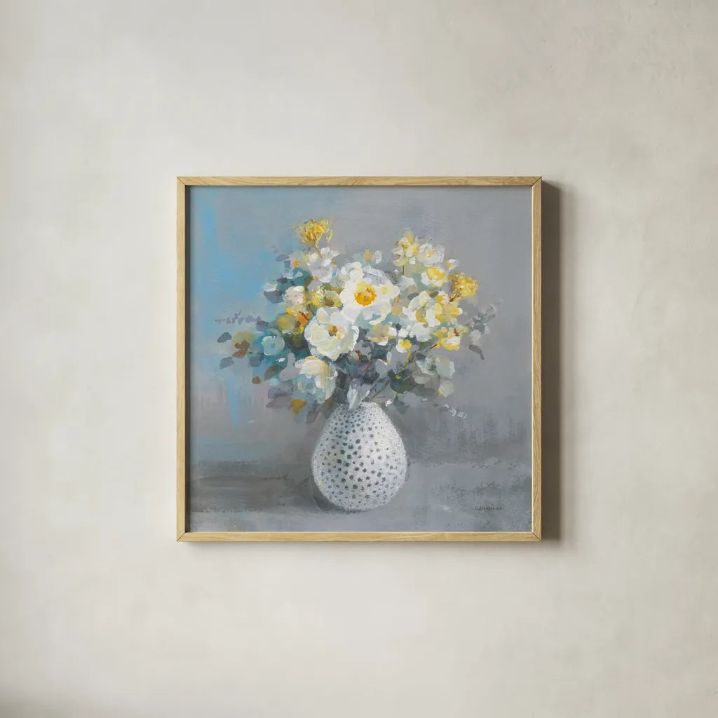 Touch of Spring II by Danhui Nai. Shown in a natural wood glass frame for a timeless modern aesthetic. Available as an archival giclee rolled canvas, fine art paper, or poster print. SKU 69673a.