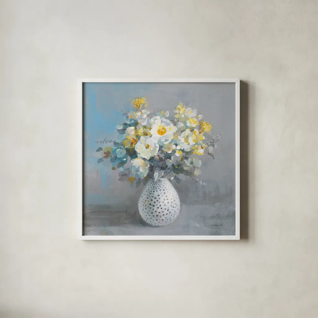 Touch of Spring II by Danhui Nai. Shown in a crisp white glass frame for a clean and minimalist style. Available as an archival giclee rolled canvas, fine art paper, or poster print. SKU 69673a.