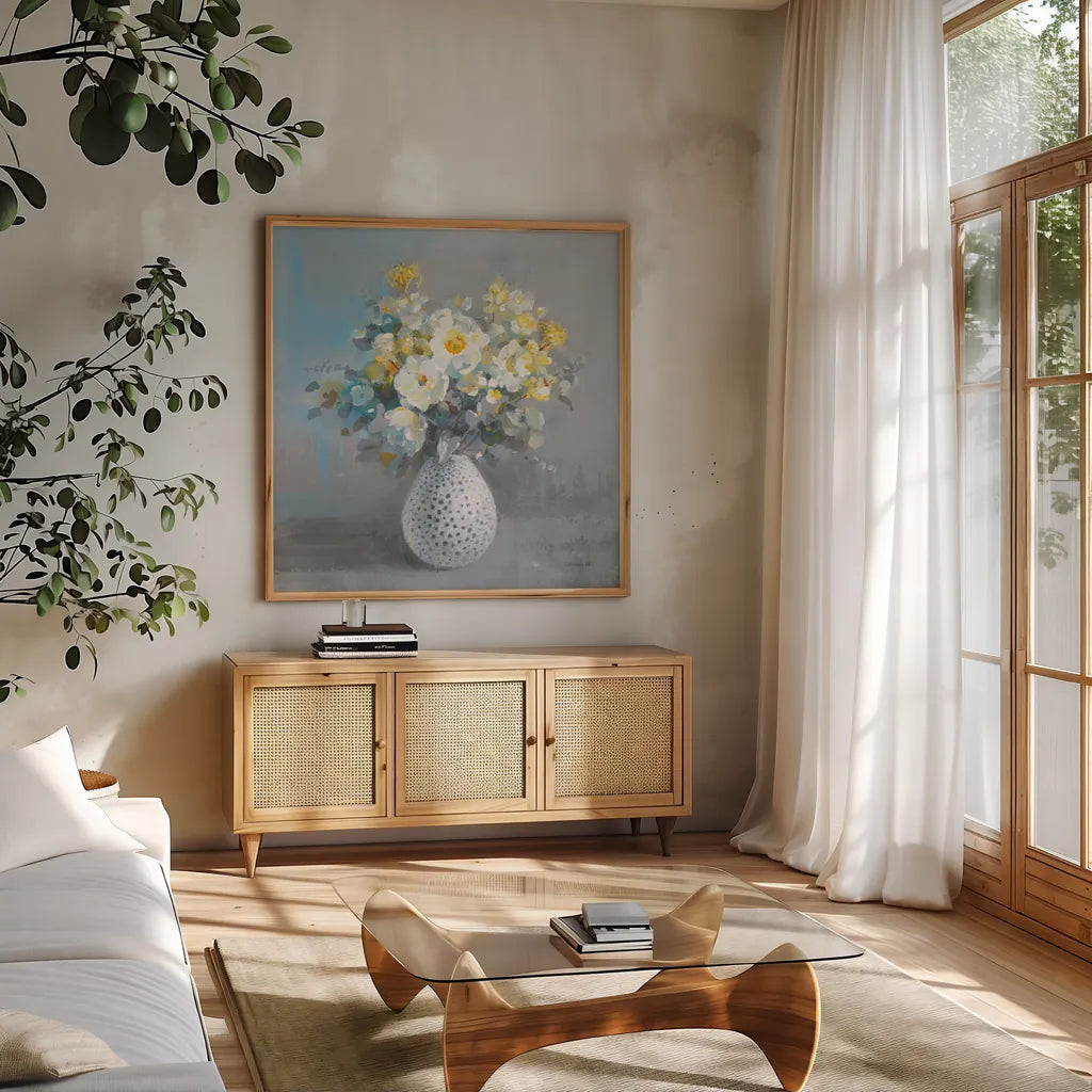 Touch of Spring II by Danhui Nai. Shown in a natural wood frame in a cozy modern living room. Available as an archival giclee rolled canvas, fine art paper, or poster print. SKU 69673a.