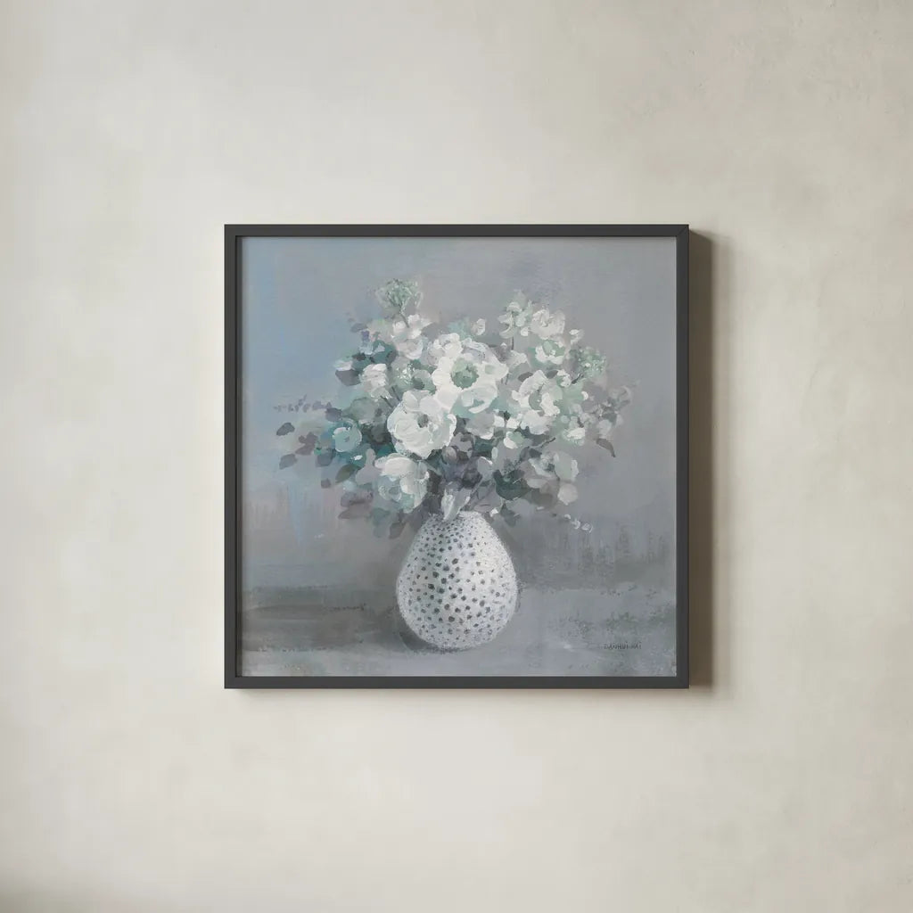 Touch of Spring II Sage by Danhui Nai. Shown in a sleek black glass frame for a contemporary gallery look. Available as an archival giclee rolled canvas, fine art paper, or poster print. SKU 70209a.