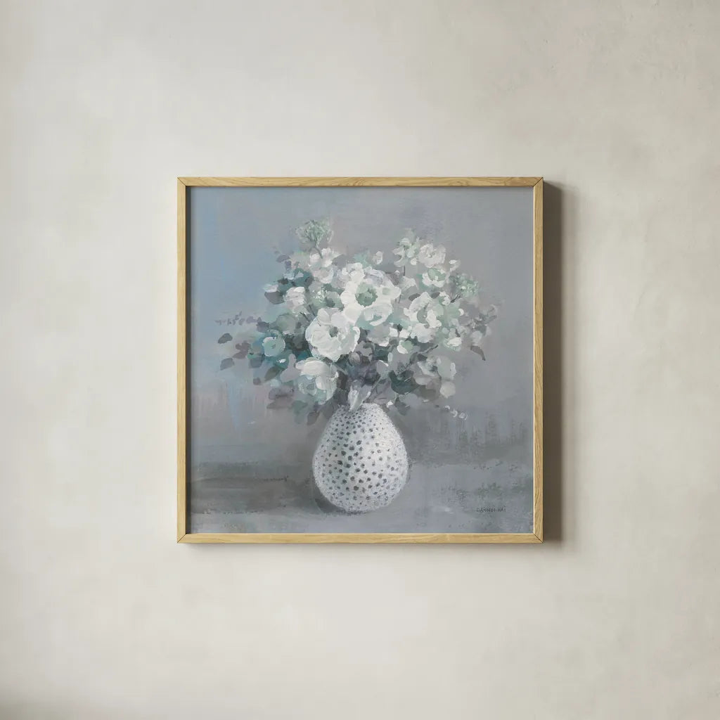 Touch of Spring II Sage by Danhui Nai. Shown in a natural wood glass frame for a timeless modern aesthetic. Available as an archival giclee rolled canvas, fine art paper, or poster print. SKU 70209a.