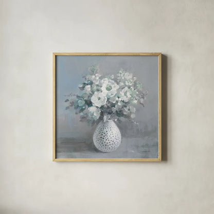 Touch of Spring II Sage by Danhui Nai. Shown in a natural wood glass frame for a timeless modern aesthetic. Available as an archival giclee rolled canvas, fine art paper, or poster print. SKU 70209a.