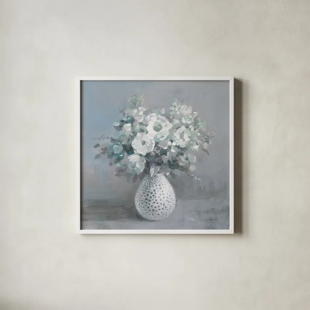 Touch of Spring II Sage by Danhui Nai. Shown in a crisp white glass frame for a clean and minimalist style. Available as an archival giclee rolled canvas, fine art paper, or poster print. SKU 70209a.