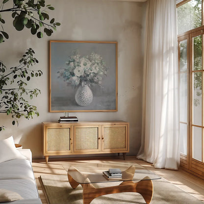 Touch of Spring II Sage by Danhui Nai. Shown in a natural wood frame in a cozy modern living room. Available as an archival giclee rolled canvas, fine art paper, or poster print. SKU 70209a.