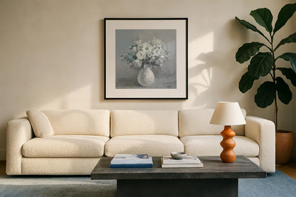 Touch of Spring II Sage by Danhui Nai. Displayed in a glass frame with matte in a clean modern living room. Available as an archival giclee rolled canvas, fine art paper, or poster print. SKU 70209a.