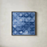 Touching Circles III Navy by Danhui Nai. Shown in a sleek black glass frame for a contemporary gallery look. Available as an archival giclee rolled canvas, fine art paper, or poster print. SKU 67900a.
