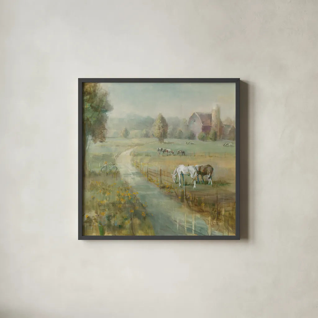 Tranquil Farm Crop by Danhui Nai. Shown in a sleek black glass frame for a contemporary gallery look. Available as an archival giclee rolled canvas, fine art paper, or poster print. SKU 31266a.