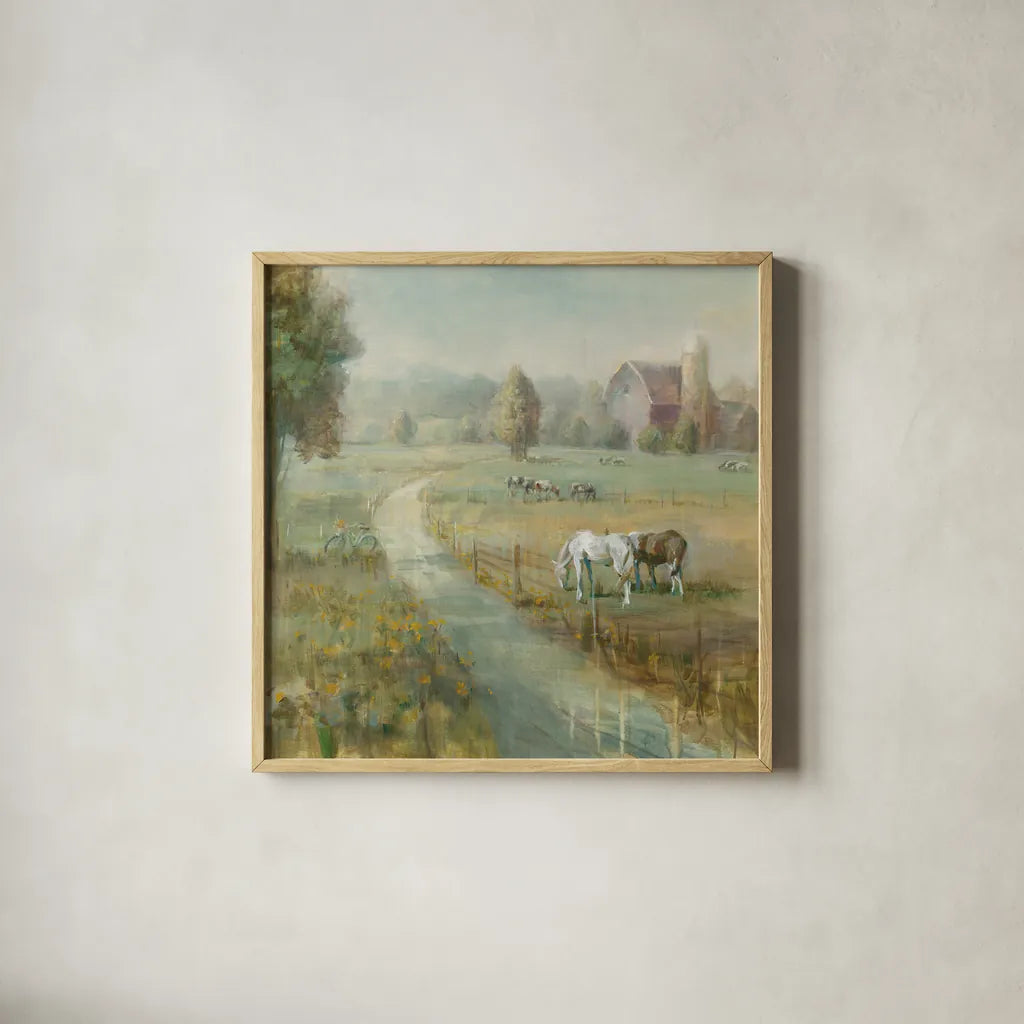Tranquil Farm Crop by Danhui Nai. Shown in a natural wood glass frame for a timeless modern aesthetic. Available as an archival giclee rolled canvas, fine art paper, or poster print. SKU 31266a.