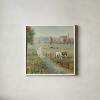 Tranquil Farm Crop by Danhui Nai. Shown in a crisp white glass frame for a clean and minimalist style. Available as an archival giclee rolled canvas, fine art paper, or poster print. SKU 31266a.