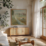Tranquil Farm Crop by Danhui Nai. Shown in a natural wood frame in a cozy modern living room. Available as an archival giclee rolled canvas, fine art paper, or poster print. SKU 31266a.