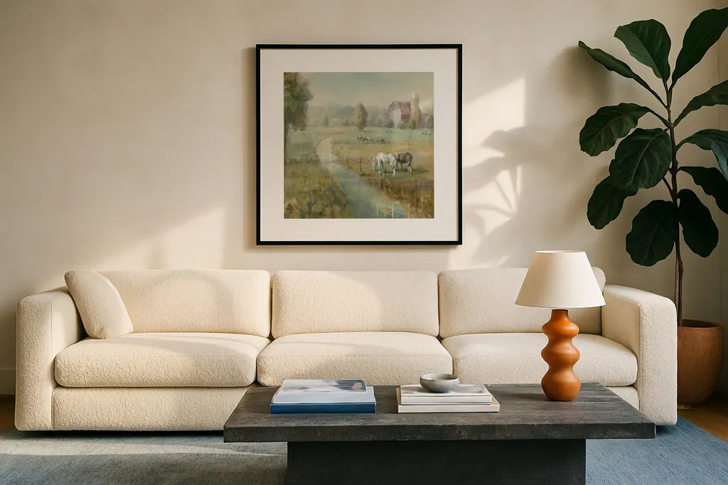 Tranquil Farm Crop by Danhui Nai. Displayed in a glass frame with matte in a clean modern living room. Available as an archival giclee rolled canvas, fine art paper, or poster print. SKU 31266a.