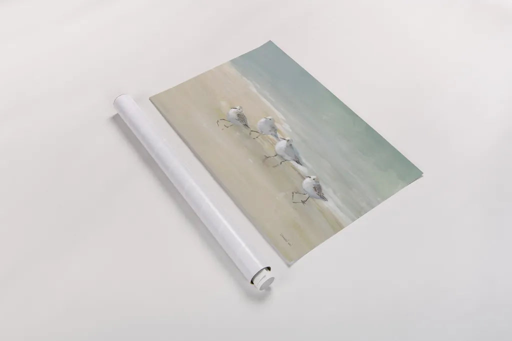 Tranquil Shorebirds on the Sand I by Danhui Nai. shown as a rolled paper print. Available as archival giclee rolled canvas, fine art paper, or poster print. SKU 85290i.