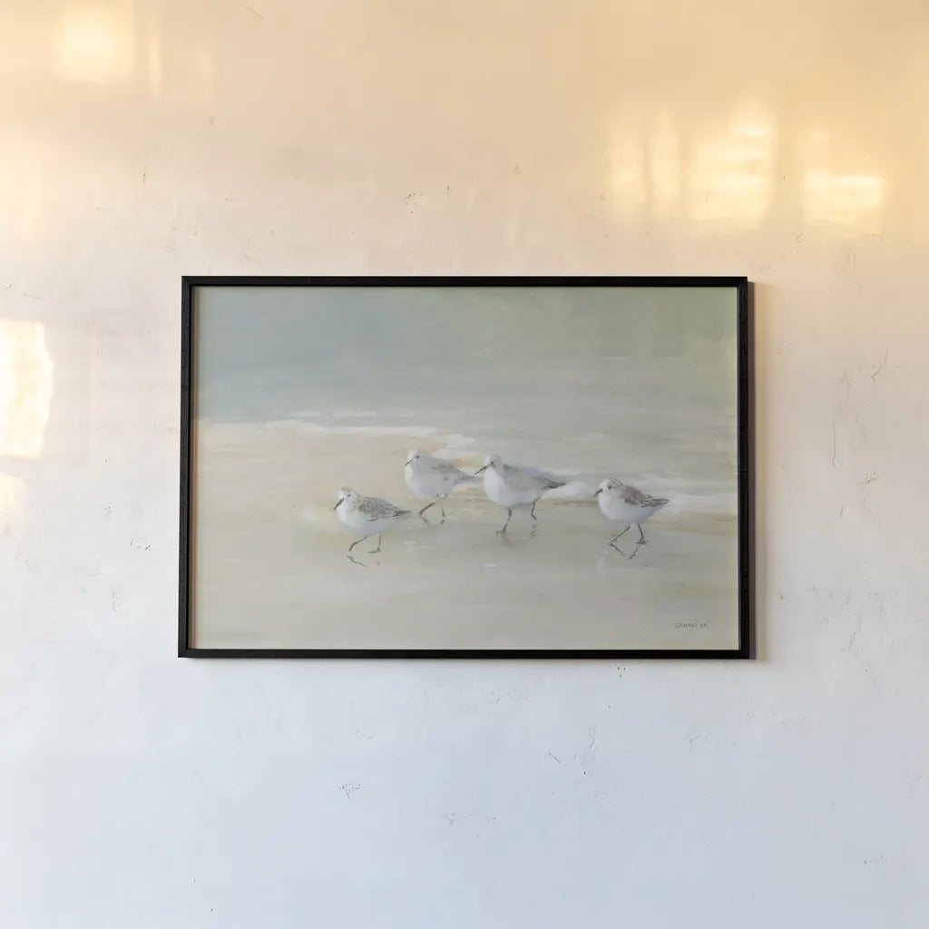Tranquil Shorebirds on the Sand I by Danhui Nai. shown as a paper print in a black flame. Available as a archival giclee rolled canvas, fine art paper, or poster print. SKU 85290i.