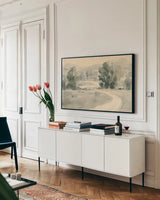 Tranquil Trails II by Danhui Nai. shown as a framed stretched canvas in a living room above a console. Available as a archival giclee rolled canvas, fine art paper, or poster print. SKU 86373i.