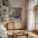 Transcend I by Danhui Nai. Shown in a natural wood frame in a cozy modern living room. Available as an archival giclee rolled canvas, fine art paper, or poster print. SKU 85199a.