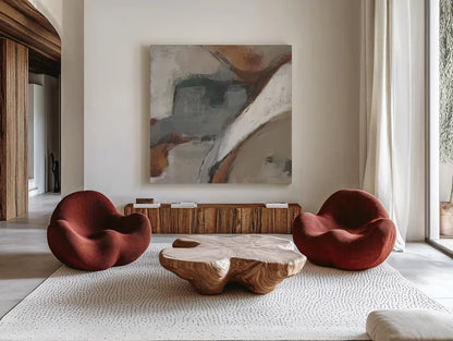 Transcend II by Danhui Nai. Shown as extra-large giant wall art in a modern living room. Available as an archival giclee rolled canvas, fine art paper, or poster print. SKU 85200a.