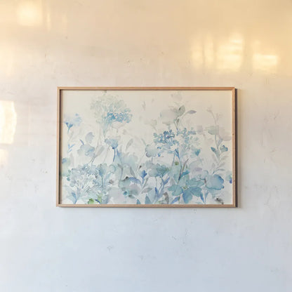 Translucent Garden Blue Crop by Danhui Nai. shown as a paper print in a natural frame. Available as a archival giclee rolled canvas, fine art paper, or poster print. SKU 37425i.