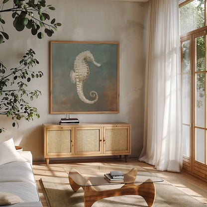 Treasures form the Sea I by Danhui Nai. Shown in a natural wood frame in a cozy modern living room. Available as an archival giclee rolled canvas, fine art paper, or poster print. SKU 20689a.