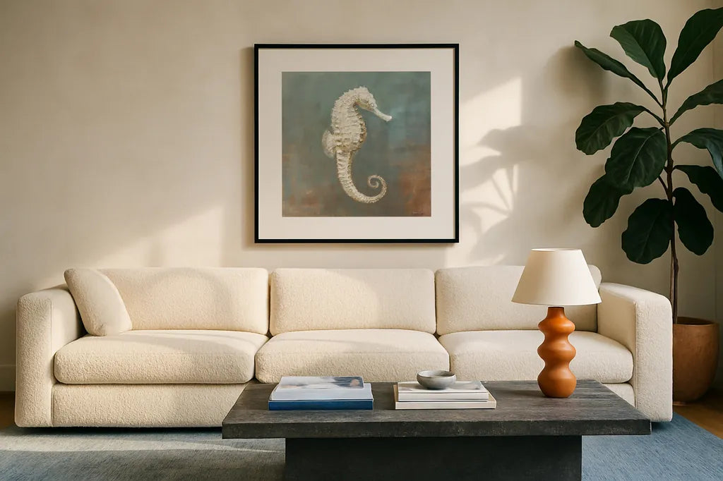 Treasures form the Sea I by Danhui Nai. Displayed in a glass frame with matte in a clean modern living room. Available as an archival giclee rolled canvas, fine art paper, or poster print. SKU 20689a.