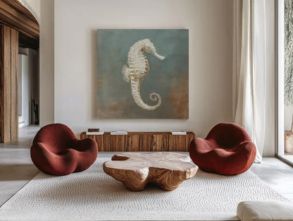 Treasures form the Sea I by Danhui Nai. Shown as extra-large giant wall art in a modern living room. Available as an archival giclee rolled canvas, fine art paper, or poster print. SKU 20689a.