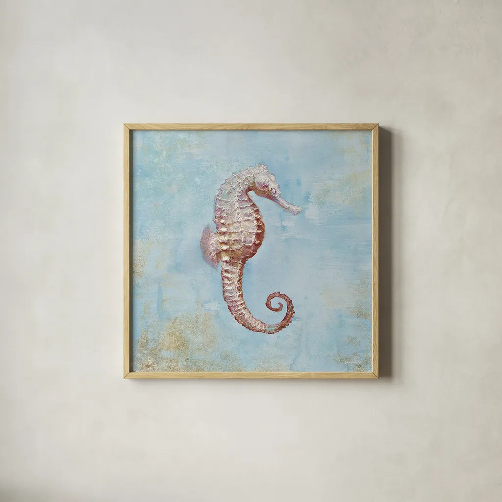 Treasures from the Sea I Watercolor by Danhui Nai. Shown in a natural wood glass frame for a timeless modern aesthetic. Available as an archival giclee rolled canvas, fine art paper, or poster print. SKU 26757a.