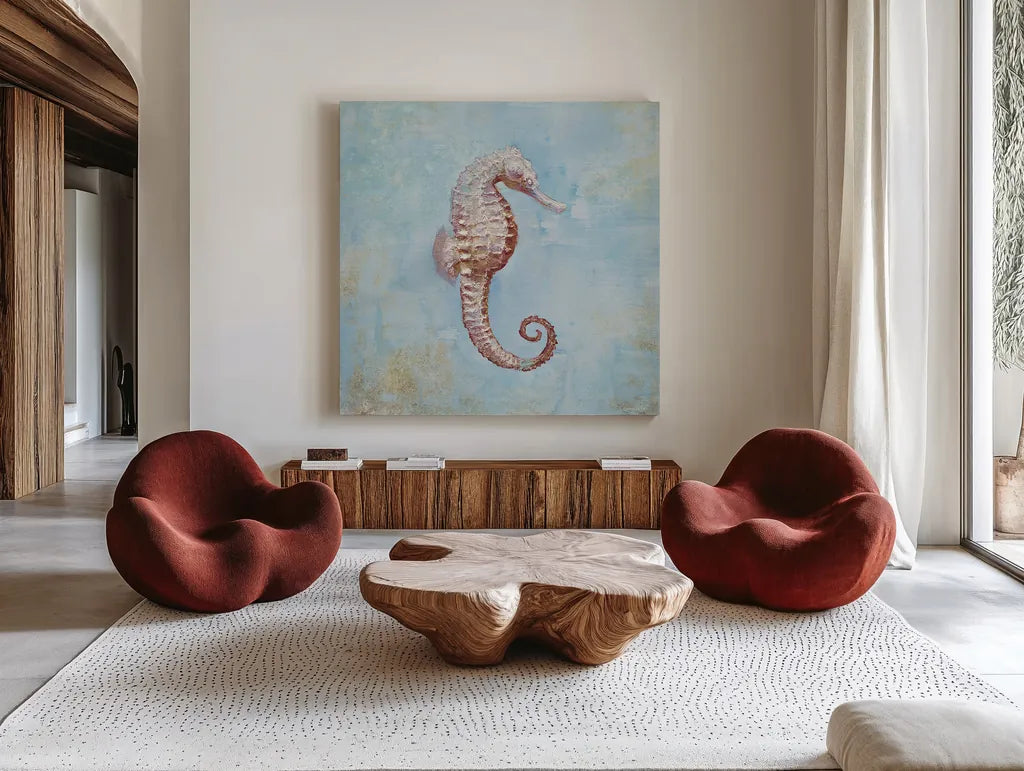 Treasures from the Sea I Watercolor by Danhui Nai. Shown as extra-large giant wall art in a modern living room. Available as an archival giclee rolled canvas, fine art paper, or poster print. SKU 26757a.