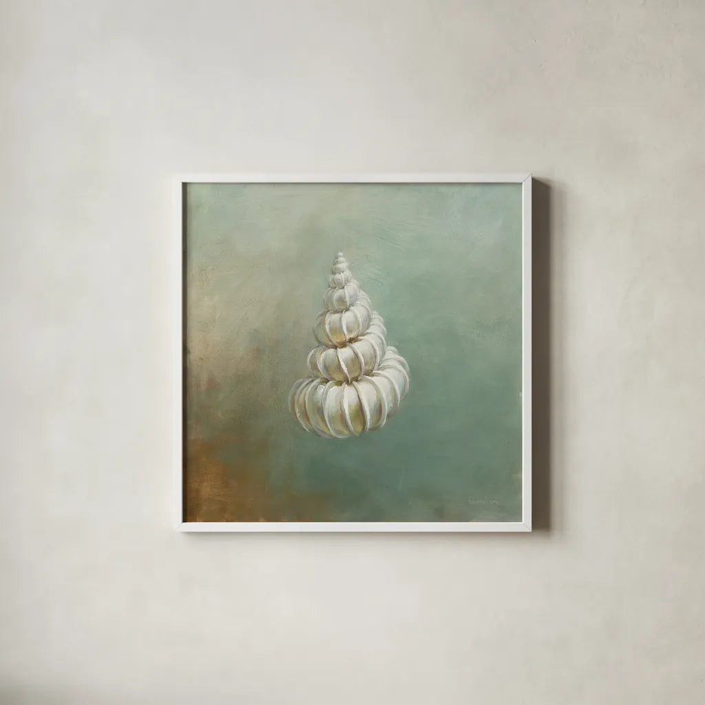 Treasures from the Sea II by Danhui Nai. Shown in a crisp white glass frame for a clean and minimalist style. Available as an archival giclee rolled canvas, fine art paper, or poster print. SKU 20690a.