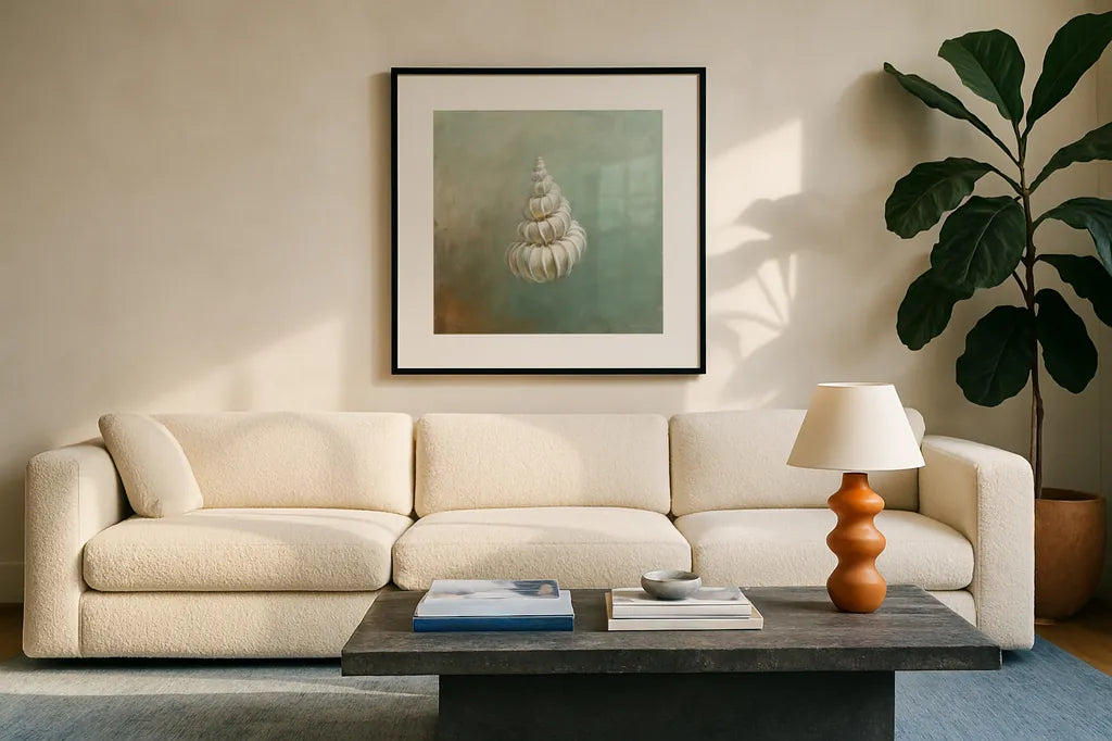 Treasures from the Sea II by Danhui Nai. Displayed in a glass frame with matte in a clean modern living room. Available as an archival giclee rolled canvas, fine art paper, or poster print. SKU 20690a.