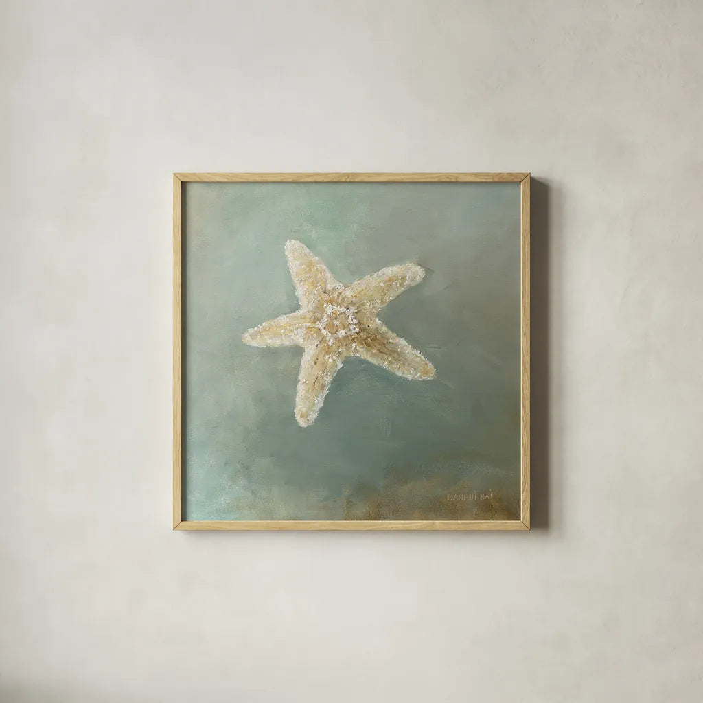 Treasures from the Sea IV by Danhui Nai. Shown in a natural wood glass frame for a timeless modern aesthetic. Available as an archival giclee rolled canvas, fine art paper, or poster print. SKU 20692a.