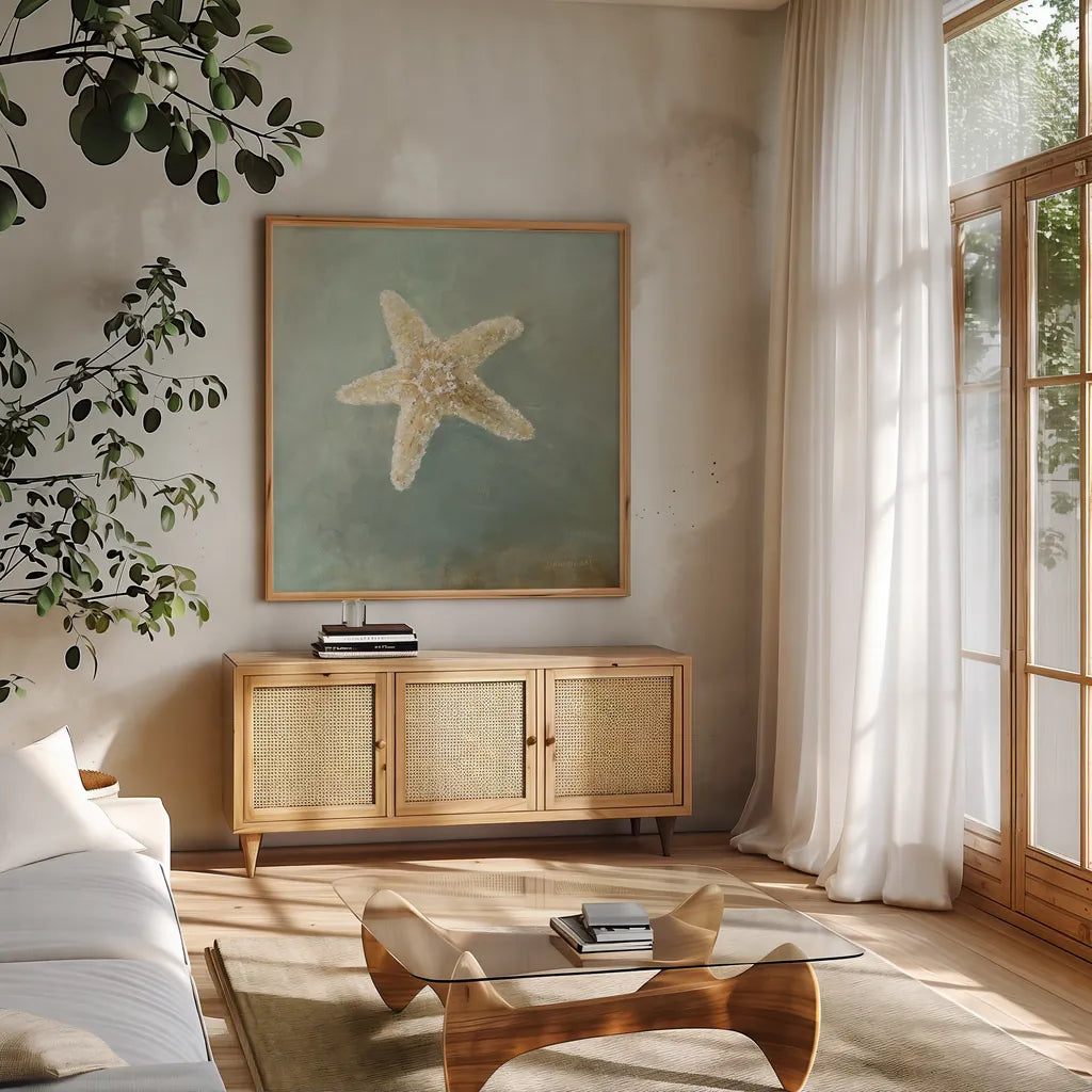 Treasures from the Sea IV by Danhui Nai. Shown in a natural wood frame in a cozy modern living room. Available as an archival giclee rolled canvas, fine art paper, or poster print. SKU 20692a.