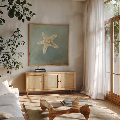 Treasures from the Sea IV by Danhui Nai. Shown in a natural wood frame in a cozy modern living room. Available as an archival giclee rolled canvas, fine art paper, or poster print. SKU 20692a.