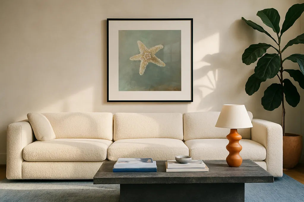 Treasures from the Sea IV by Danhui Nai. Displayed in a glass frame with matte in a clean modern living room. Available as an archival giclee rolled canvas, fine art paper, or poster print. SKU 20692a.
