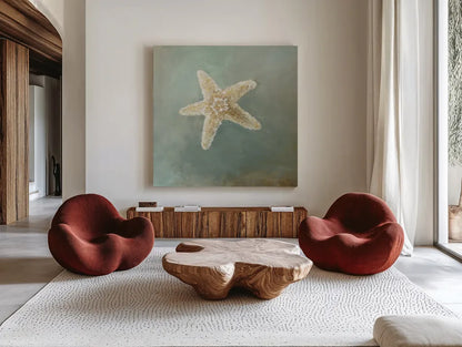 Treasures from the Sea IV by Danhui Nai. Shown as extra-large giant wall art in a modern living room. Available as an archival giclee rolled canvas, fine art paper, or poster print. SKU 20692a.